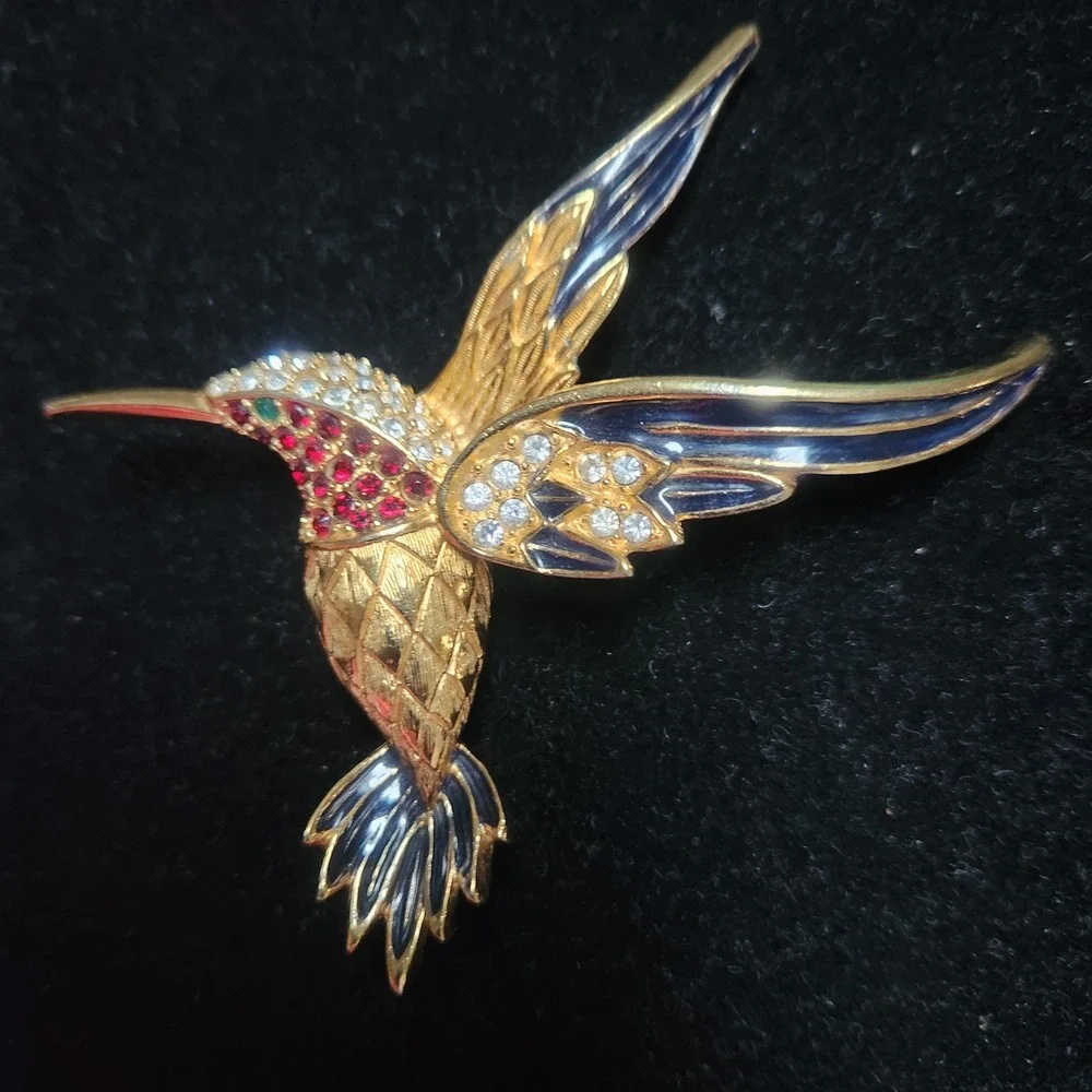 Sphinx  Hummingbird Brooch Gold‎ Tone Rhinestone Enamel Bird  Red Blue Green